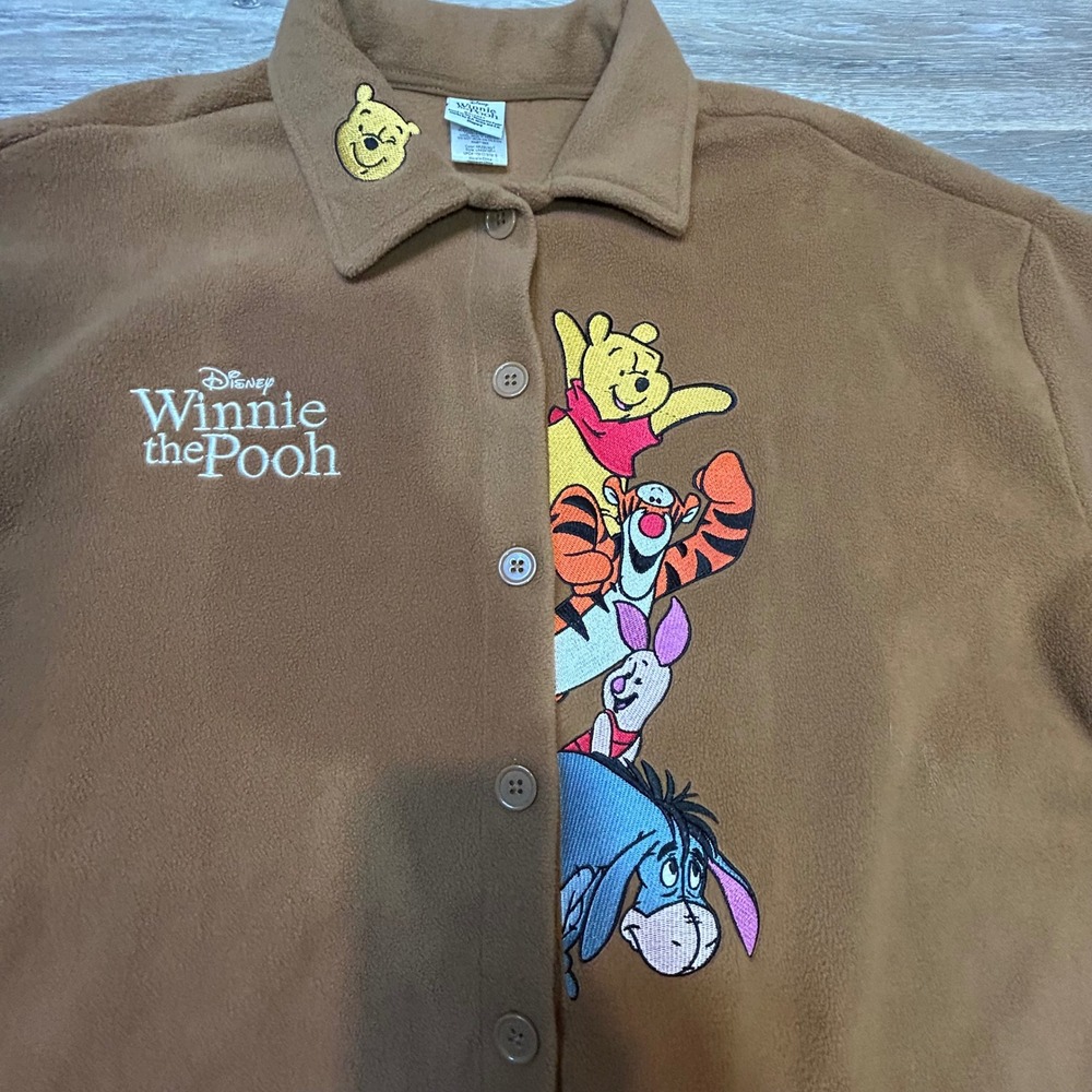 Disney Winnie the Pooh Fleece Button Up Shirt Embroidered Shacket Brown XL 16/18